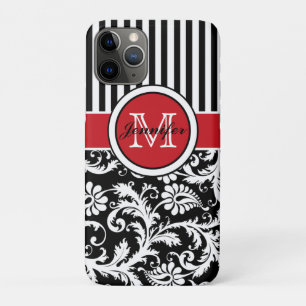 Monogramm Schwarz-weißer Streifen Damaskus Case-Mate iPhone Hülle