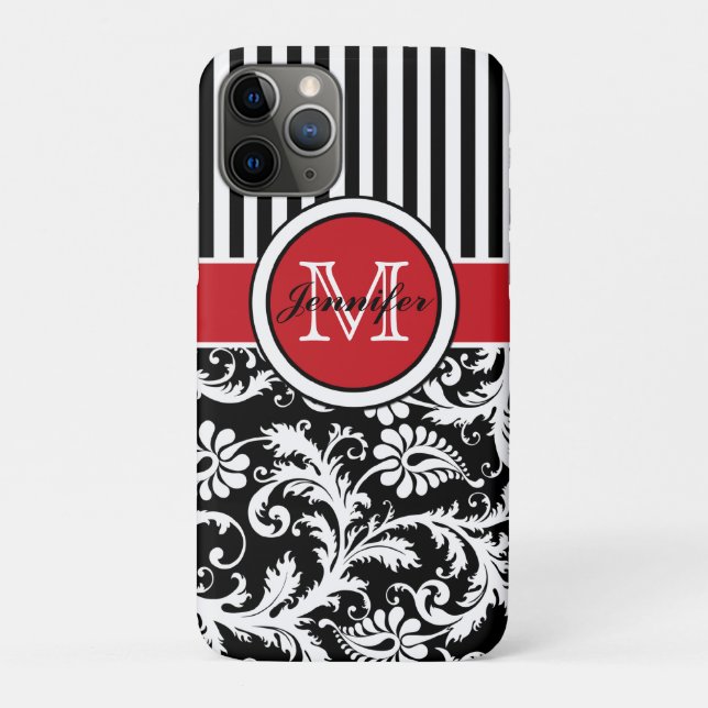 Monogramm Schwarz-weißer Streifen Damaskus Case-Mate iPhone Hülle (Rückseite)