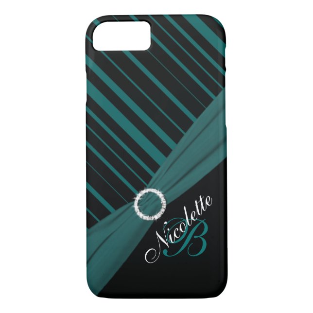 Monogramm Schwarz-weißes Aquamarin gestreiftes iPh Case-Mate iPhone Hülle (Rückseite)