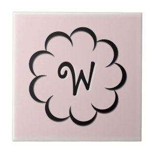 Monogramm Schwarze Blume auf Hell Staubig Rosa Fliese