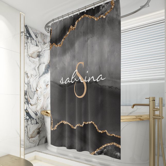 Monogramm Schwarze Gold Achat Geode Duschvorhang (Von Creator hochgeladen)