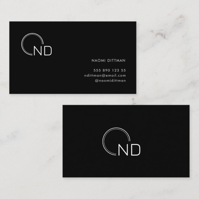 Monogramm Schwarze Minimalistische Visitenkarte (Vorne/Hinten)