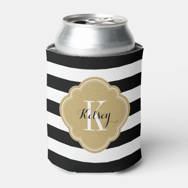 Monogramm schwarze und goldene Preppy-Streifen Dosenkühler (Kanne Vorderseite)
