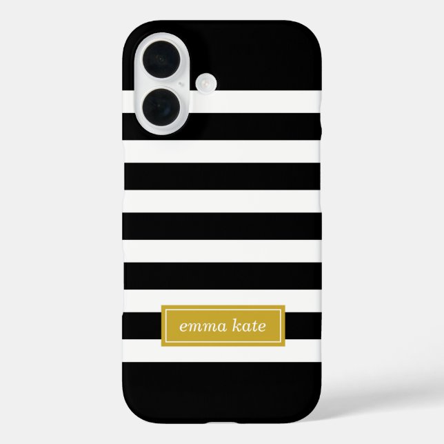 Monogramm schwarze und goldene Preppy-Streifen iPhone 16 Hülle (Rückseite)