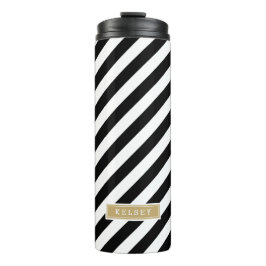 Monogramm schwarze und goldene Preppy-Streifen Thermosbecher