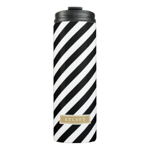 Monogramm schwarze und goldene Preppy-Streifen Thermosbecher