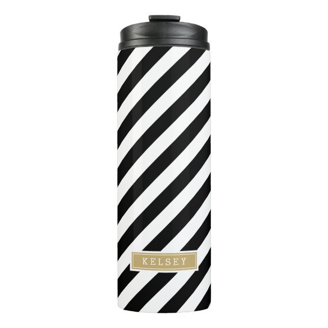Monogramm schwarze und goldene Preppy-Streifen Thermosbecher (Vorderseite)
