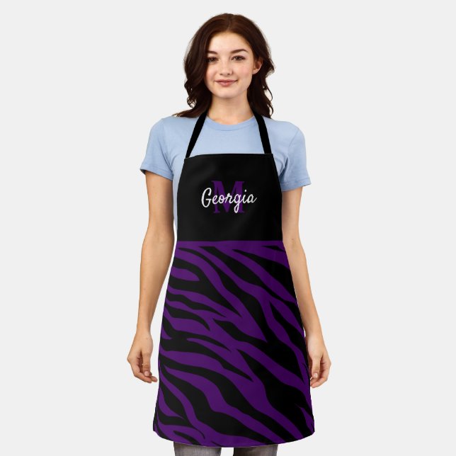Monogramm Schwarze und Lila Zebrastreifen Schürze (Getragen)