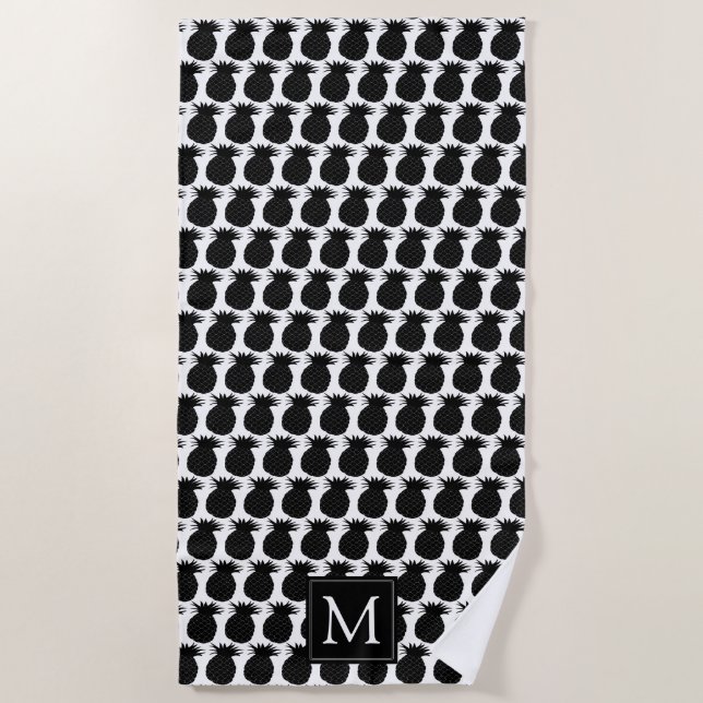Monogramm Schwarze und Weiße Ananas Strandtuch (Vorderseite)