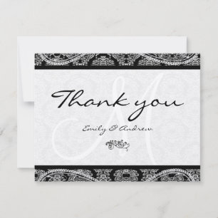 Monogramm Schwarzer Damast Paisley Hochzeits Danke