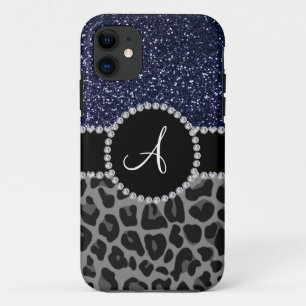 Monogramm schwarzer Leopardenmarineblau-Glitzer Case-Mate iPhone Hülle