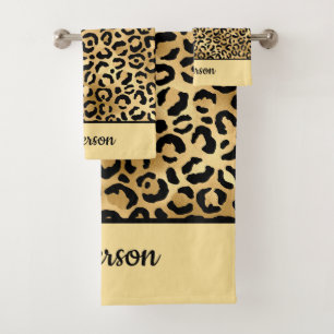 Monogramm Schwarzer und Goldener Leoparden Druck G Badhandtuch Set