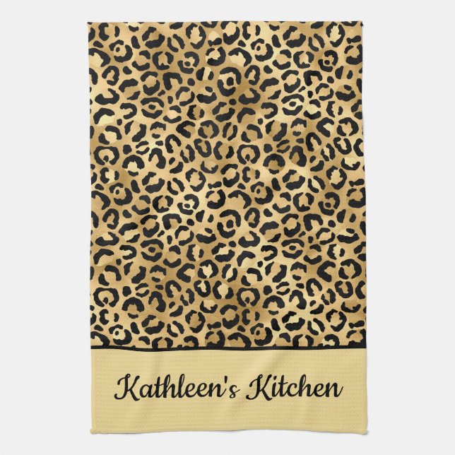 Monogramm schwarzer und goldener Leopardenprint Ch Geschirrtuch (Vertikal)