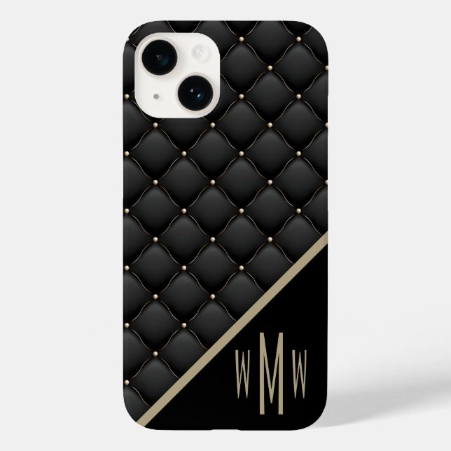 Monogramm Schwarzes Gold gequiltet Case-Mate iPhone 14 Hülle (Rückseite)
