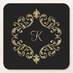 Monogramm Schwarzes Gold Glitter Damast Schwung Rechteckiger Pappuntersetzer
