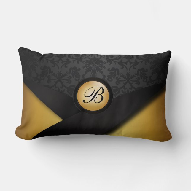 Monogramm-Schwarzes und Goldeleganz Lendenkissen (Vorderseite)
