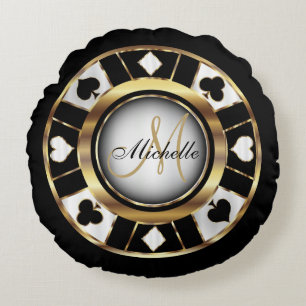 Monogramm-Schwarzes, Weiß und GoldPoker-Chip Rundes Kissen