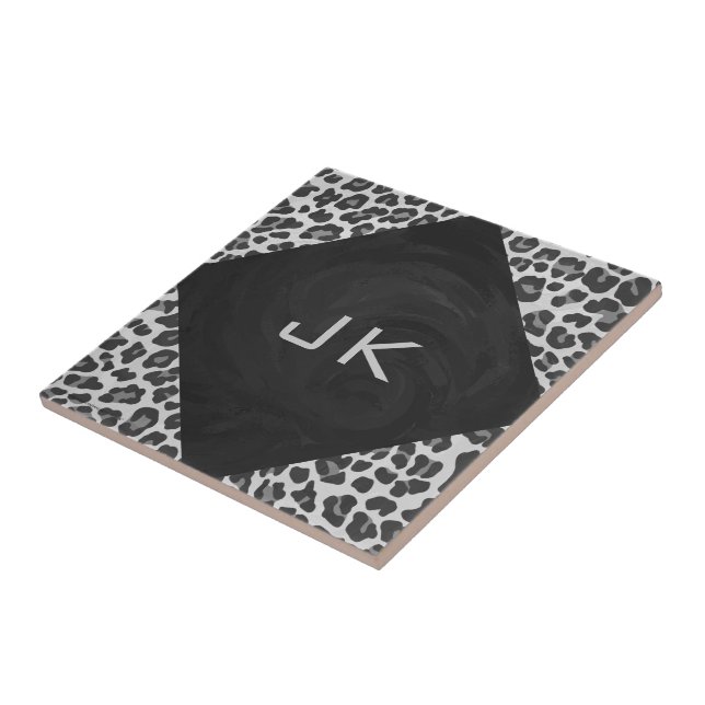 Monogramm-Schwarzweiss-Leopard-Druck Fliese (Seite)