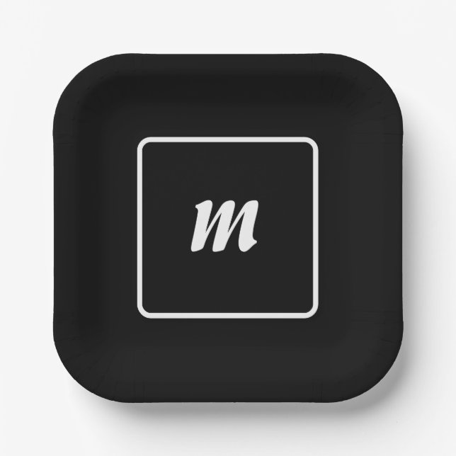 Monogramm Schwarzweiß-Streifen Pappteller (Vorderseite)