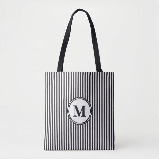 Monogramm Schwarzweiß-Streifen Tasche (Vorderseite)