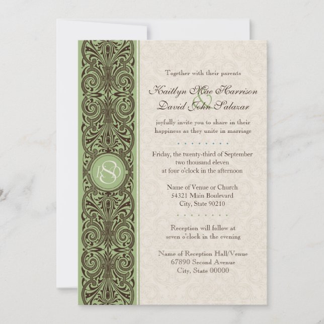 Monogramm Scroll Border (Braun, Sage & Cream) Einladung (Vorderseite)