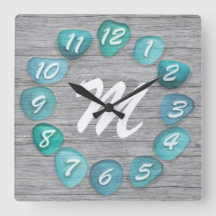 Monogramm-Seeglasstrand-Treibholz Quadratische Wanduhr