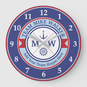 Monogramm-Seelogo-Anker-Rad-Helm-Motto Große Wanduhr