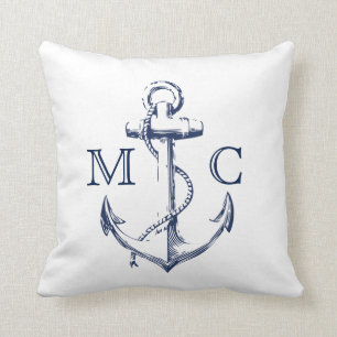 Monogramm-Seemarine + Weißer Skizze-Anker   Kissen