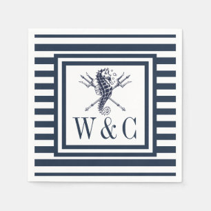 Monogramm-Seepferdchen-nautisch-marineblaue Streif Serviette