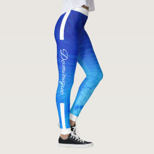 Monogramm Seitenstreifen auf glänzender blauer Gru Leggings