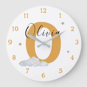 Monogramm Senfgelb Babys Anfangsname Kinderzimmer Große Wanduhr