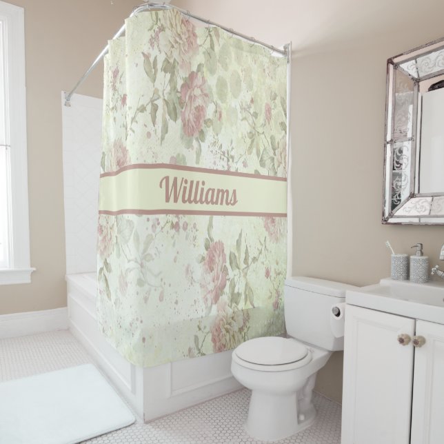 Monogramm Shabby Chic Rosa Grüne Rose Duschvorhang (Beispiel)