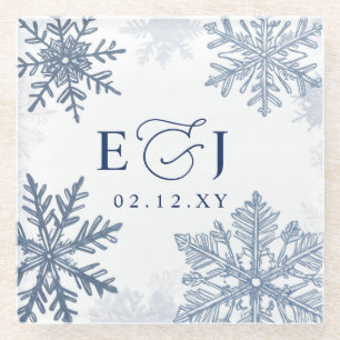 Monogramm Silber Blaue Schneeflocken Winterhochzei Glasuntersetzer