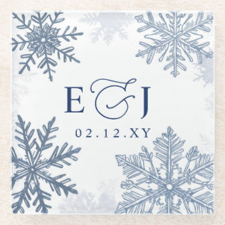 Monogramm Silber Blaue Schneeflocken Winterhochzei Glasuntersetzer