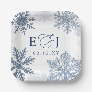 Monogramm Silber Blaue Schneeflocken Winterhochzei Pappteller