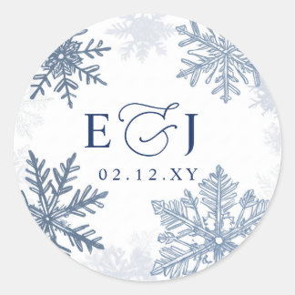 Monogramm Silber Blaue Schneeflocken Winterhochzei Runder Aufkleber