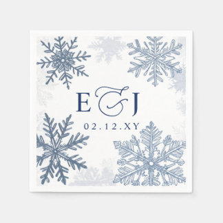 Monogramm Silber Blaue Schneeflocken Winterhochzei Serviette