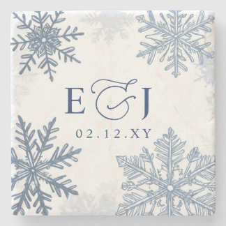 Monogramm Silber Blaue Schneeflocken Winterhochzei Steinuntersetzer