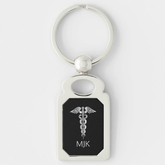 Monogramm Silber Caduceus   Schlüsselanhänger (Vorderseite)