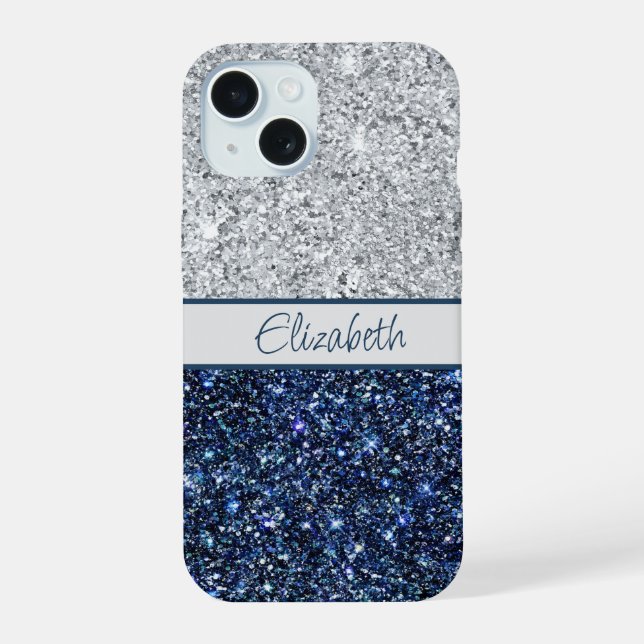 Monogramm Silber Dunkelblauer Glitter Trend Chic  iPhone 15 Hülle (Rückseite)