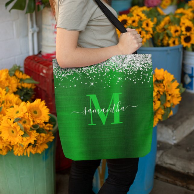 Monogramm Silber-Glitzer-Grünfolie Tasche (Signature Monogram Silver Glitter Green Foil Tote Bag)