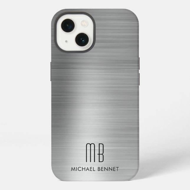 Monogramm Silber Grau Gebürstetes Metall iPhone Hülle (Rückseite)