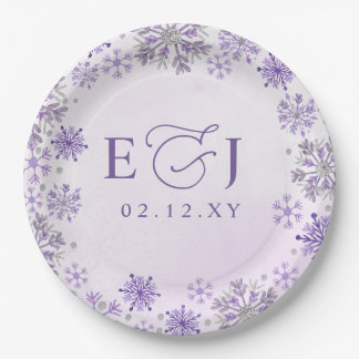 Monogramm Silber Lila Schneeflocken Winterhochzeit Pappteller