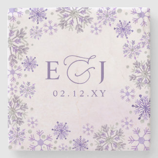 Monogramm Silber Lila Schneeflocken Winterhochzeit Steinuntersetzer