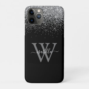 Monogramm Silber schwarz Glitter Elegantes Skript Case-Mate iPhone Hülle