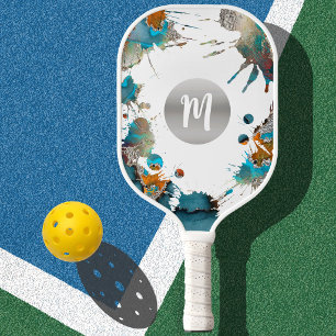 Monogramm Silber Türkis Orange Abstrakter Spritzer Pickleball Schläger
