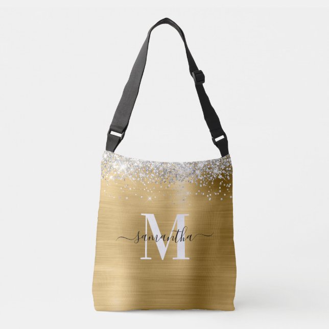 Monogramm Silberner Glitzer Goldfolie Tragetaschen Mit Langen Trägern (Vorderseite)