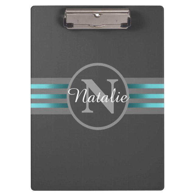 Monogramm Silhouette Schwarze und graue Streifen Klemmbrett (Vorderseite)
