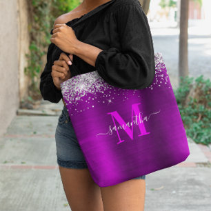Monogramm Silver Glitzer Magenta Lila Tasche