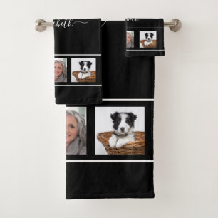 Monogramm-Skript für die Schwarz-weiße Foto-Collag Badhandtuch Set